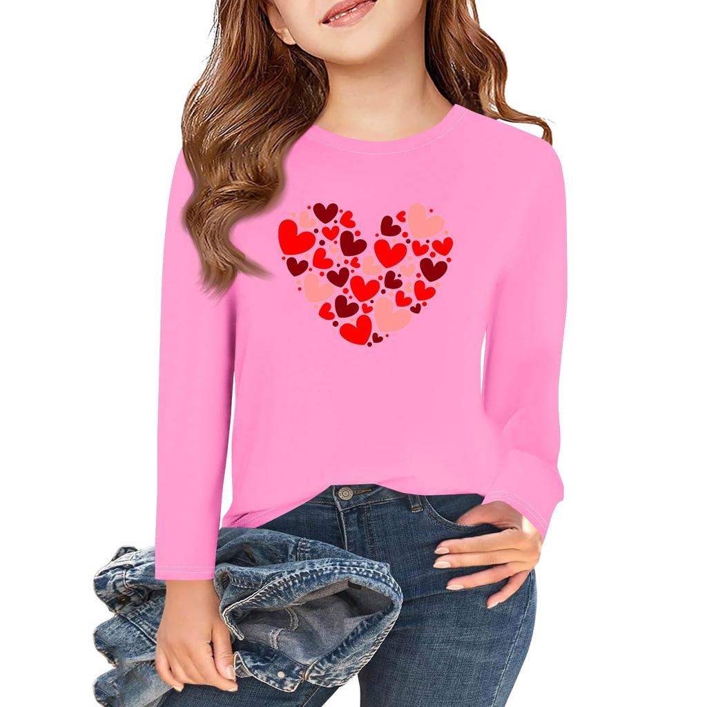 Långärmade T-shirts för flickor med kärlek och alla hjärtans dag-motiv, hösttoppar, rund hals, enkla T-shirts för barn, 5-14 år