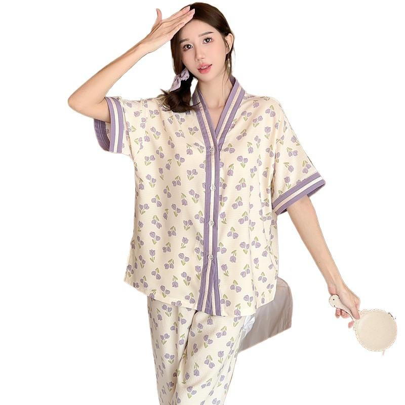 1011 new summer sweet purple flower short-sleeved pajamas set women's dormitory cardigan trousers casual loungewear