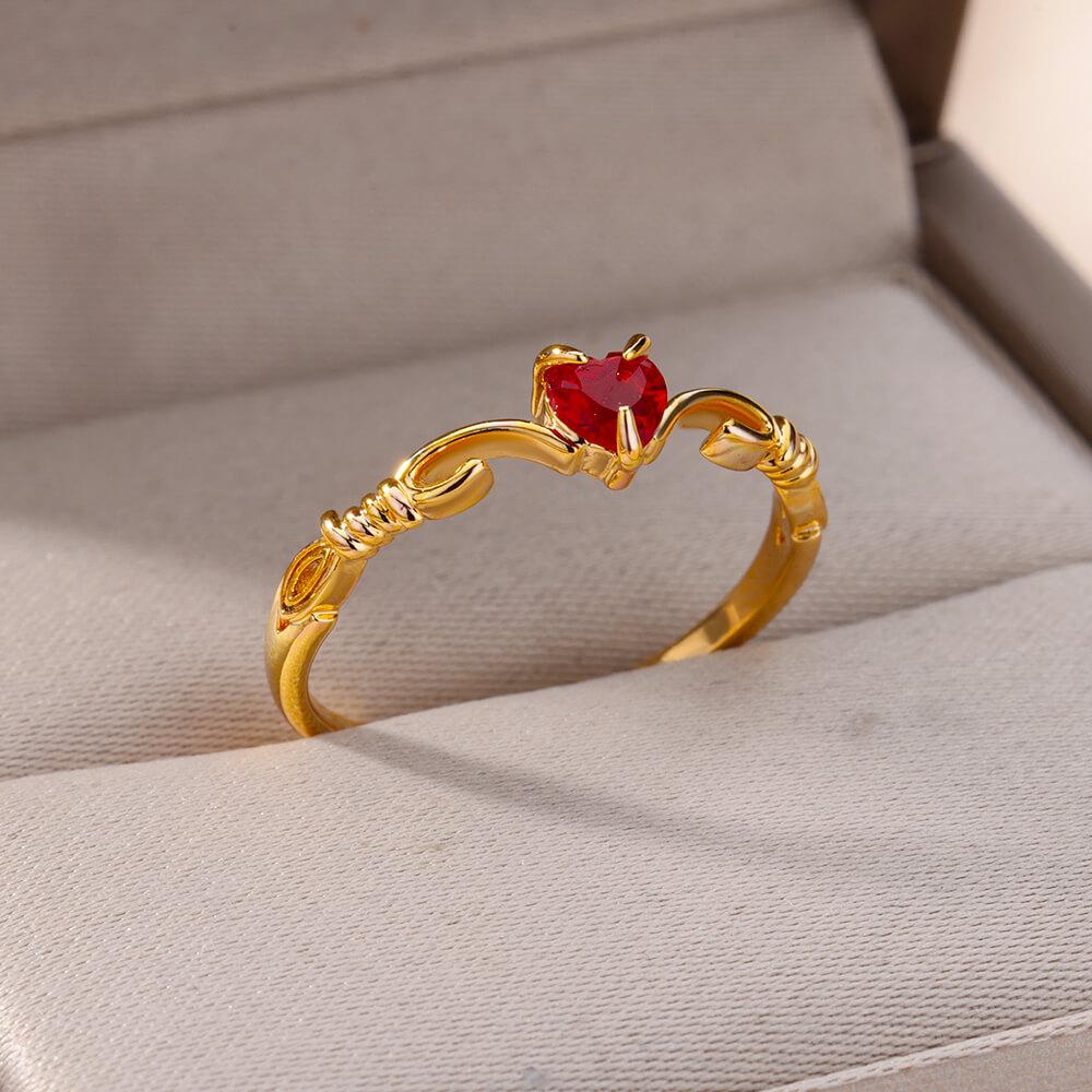 Red Heart Zircon Rings For Women Girls Gold Color Stainless Steel Ring Wedding Engaement Romantic Party Jewelry Girlfriend Gift