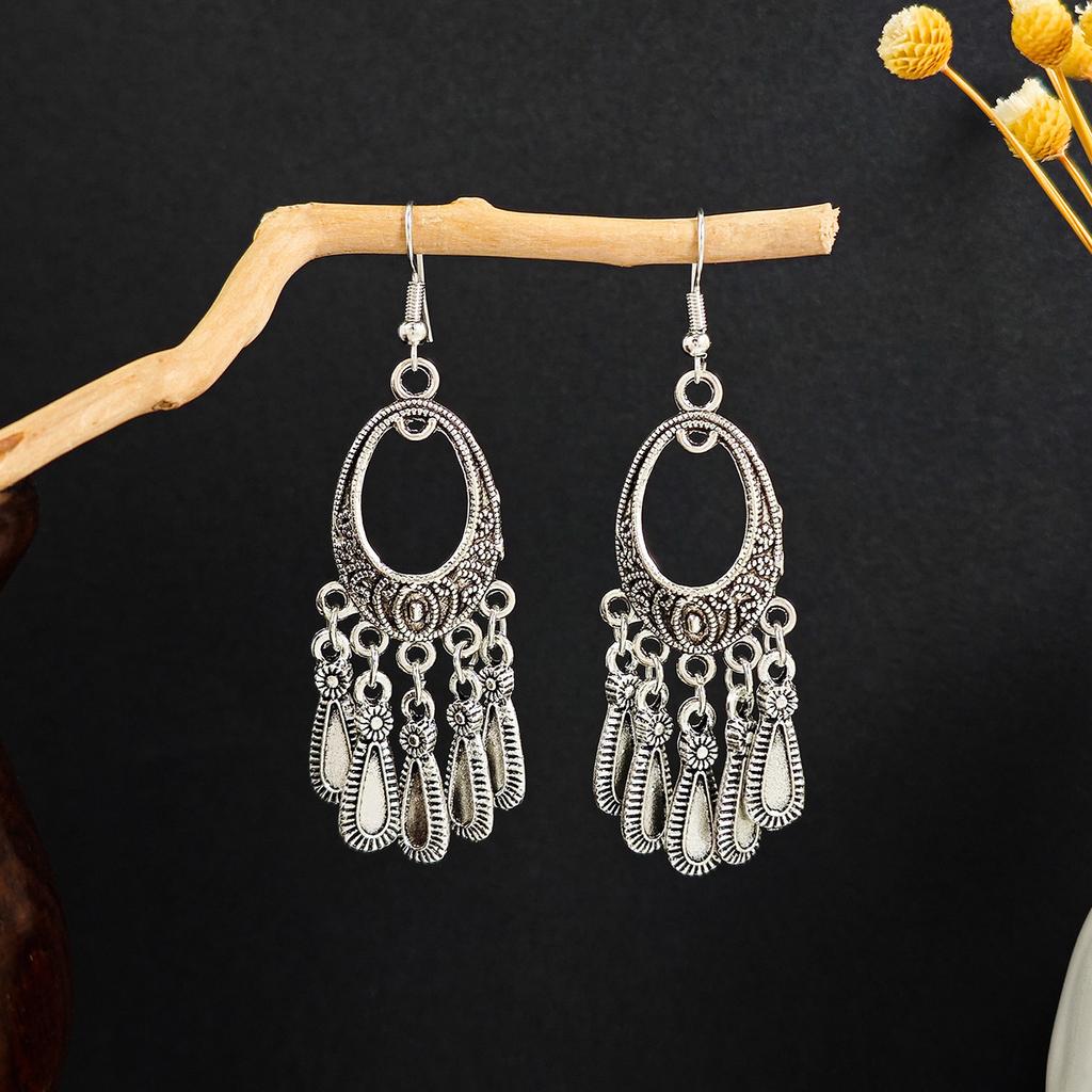 Bohemian Ethnic Wind Geometric Water Drop Earrings, Long Fringed Earrings For Retro Tourist Attractions