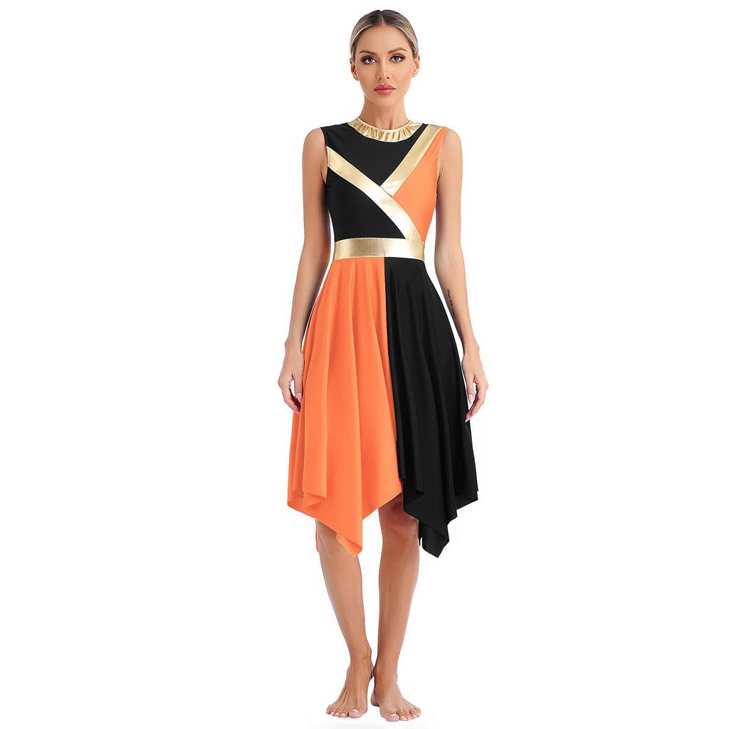 Womens Metallic Color Block Patchwork Liturgical Dance Dress Round Neck Sleeveless Asymmetrical Hem Dresses Dancewear