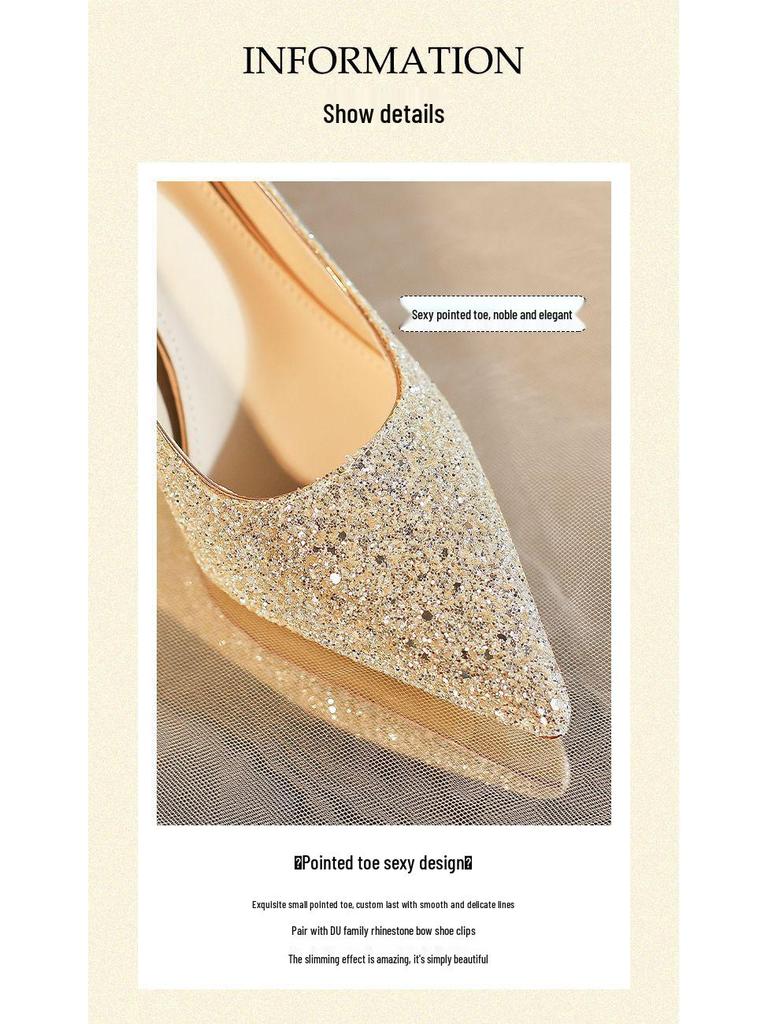 Sparkly French Butterfly Tassel Rhinestone High Heels - Women's Pointed Toe Chunky Heel Wedding & Evening Shoes