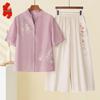 Middle-aged Women's Cotton Linen Summer Two-piece Set