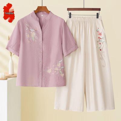 Middle-aged Women's Cotton Linen Summer Two-piece Set