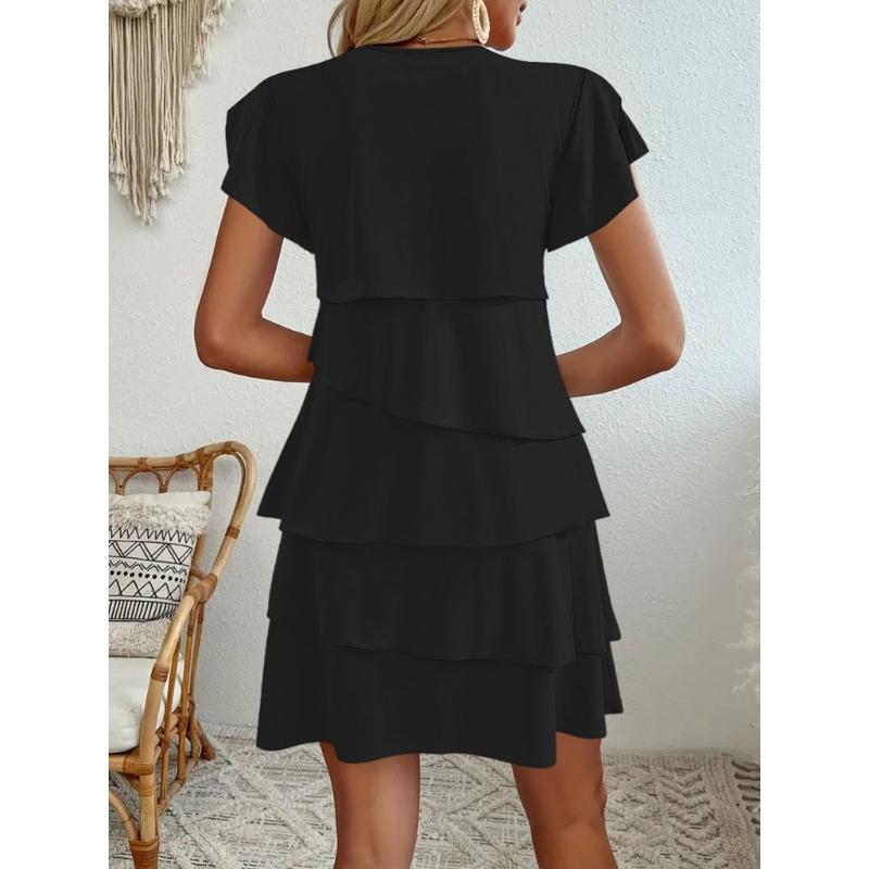 Women's Short Sleeve Crew Neck Ruffle Tiered Layered Flowys Swing Long Midi Dress Summer Dresses Casual Loose Dresses
