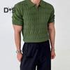 Herren Sommer Top Umlegekragen V-Ausschnitt Jacquard Strick Einfarbig Kurze Ärmel Locker Dehnbar Formeller Business-Stil Mittellanges Herren Alltagshemd