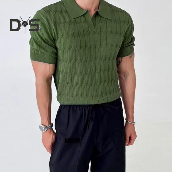 Herren Sommer Top Umlegekragen V-Ausschnitt Jacquard Strick Einfarbig Kurze Ärmel Locker Dehnbar Formeller Business-Stil Mittellanges Herren Alltagshemd