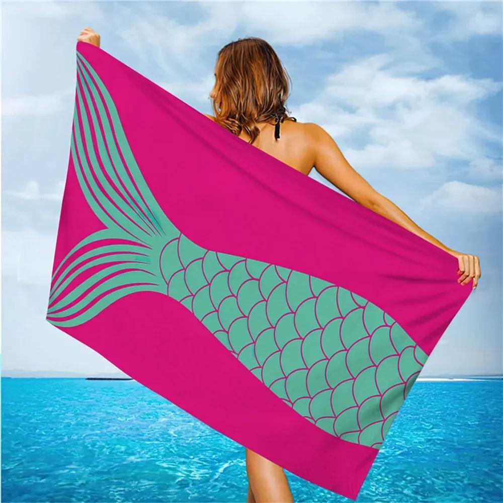 Outdoor Water Sports Beach Towel Mermaid Tail Fish Print Quick Drying Swimming Surf Towels Portable Travel Picnic Mat Women Gift