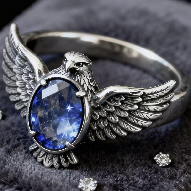 2026 New Eagle Wings Blue Diamond Ring, European Beautiful Woman Creative Eagle Ring