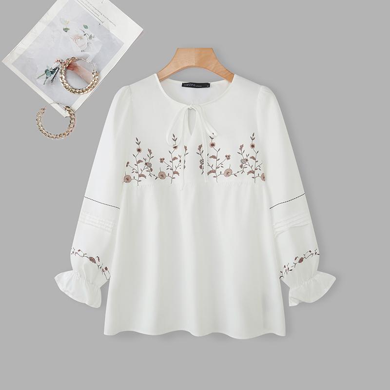 ZANZEA Women Floral Print Casual Round Neck Long Sleeve Loose Blouse S белый