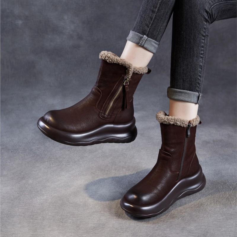 Johnature Thick Soled Genuine Leather Women's Boots Plush Warm Cotton Shoes Versatile Mid-calf Boots