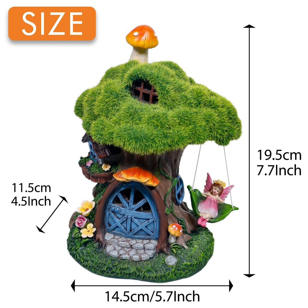 Valery Madelyn Fluffy Fairy House Garden Figurine with Solar Cute Fairytale Garden Outdoor No Batteries Waterproof Ornament, Solar-Powered Light,