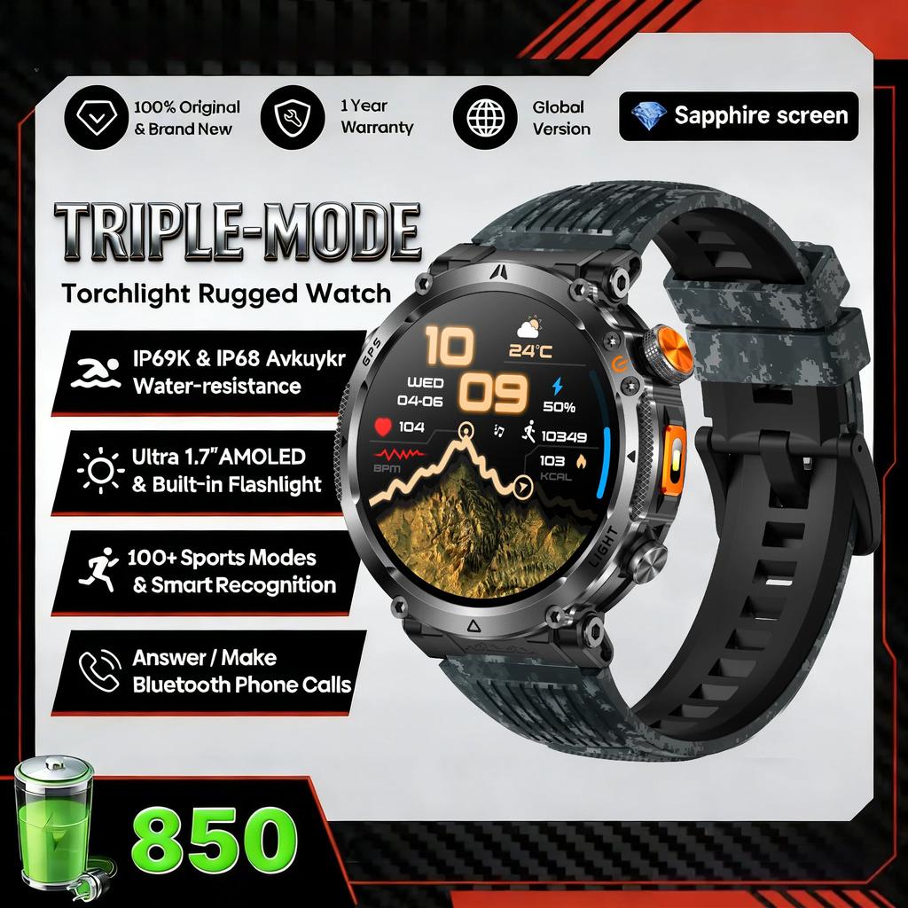 2026 New Military GPS Sports Smart Watch Men Compass 3ATM Waterproof Swim Fitness Tracker AMOLED HD SmartWatches 850Mah Battery