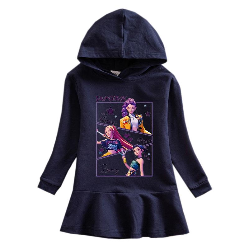 Kpop Demon Hunter Girl Cartoon Rainbow Ruffle Dress – Long Sleeve Hooded Princess Dress for Spring/Autumn