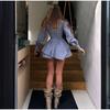 Dame dyp V-hals Småblomstret Kort Skjørt for Sommer Dame Ny Stil med Brettkantdekorasjon Trykt Skjørt Dame Elegant Stilig Klesdrakt