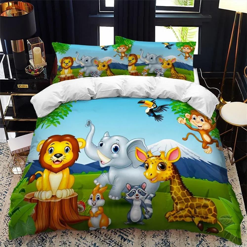 Cartoon Animal Duvet Cover King Queen Zoo Tiger Elephant Lion Bedding Set Kids Colorful Wildlife 2/3pcs Polyester Quilt Cover