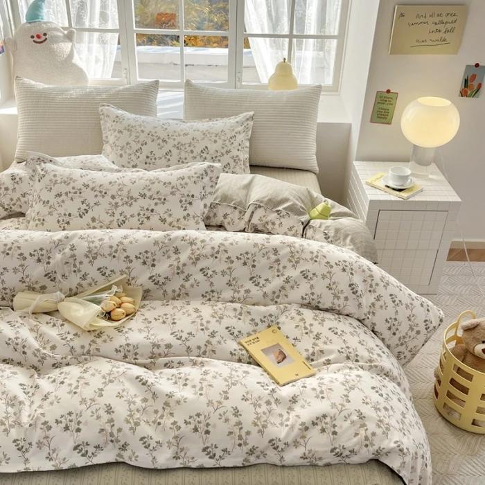 small fresh pure cotton abraded four-piece set, skin-friendly bed sheet washed cotton quilt cover, dormitory three-piece set