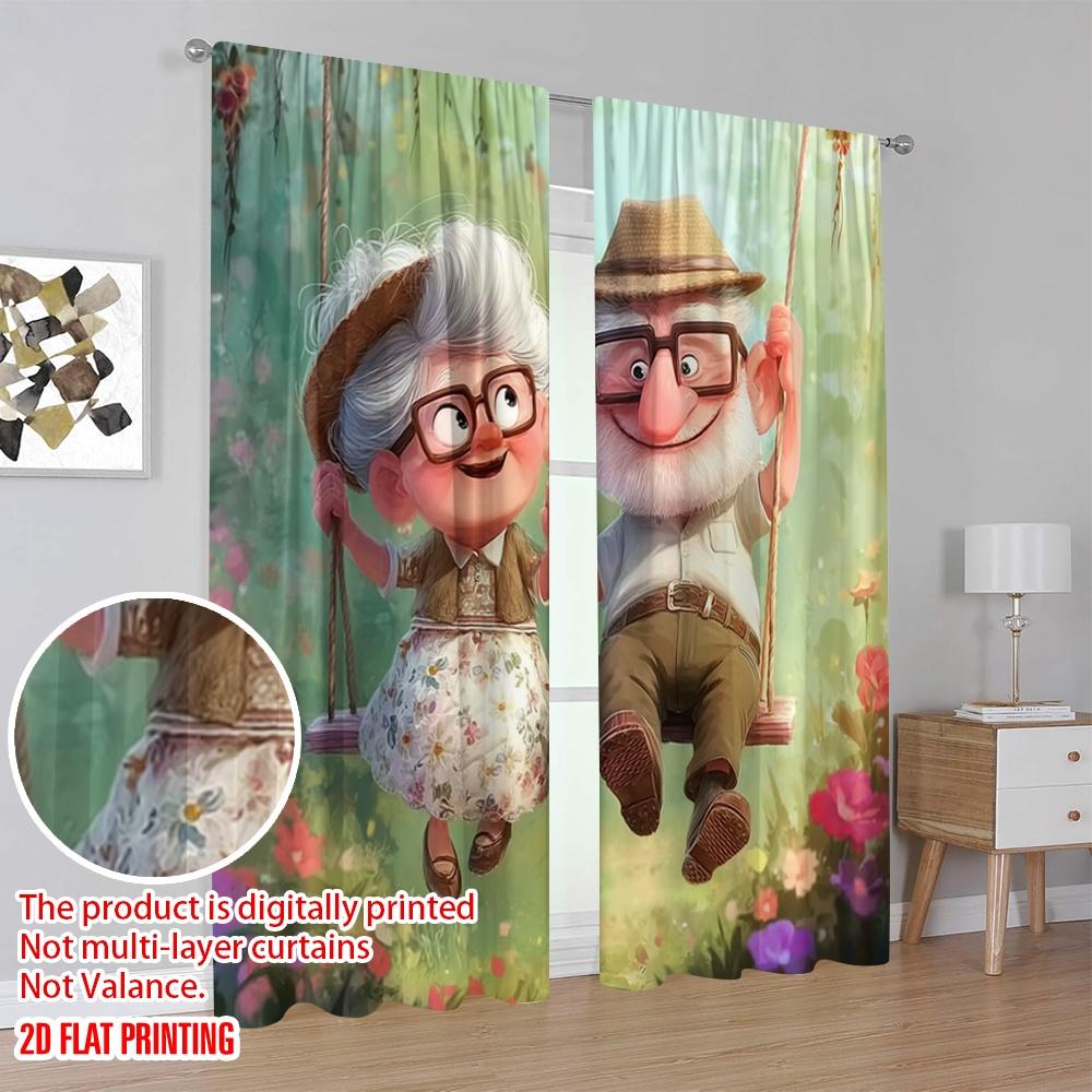 2 Stück, 2D-Flachdruck Vorhangstoff Verspielte Großelternliebe 100% Polyester (ohne Stange) Dekorationen für Zuhause für Schlafzimmer,