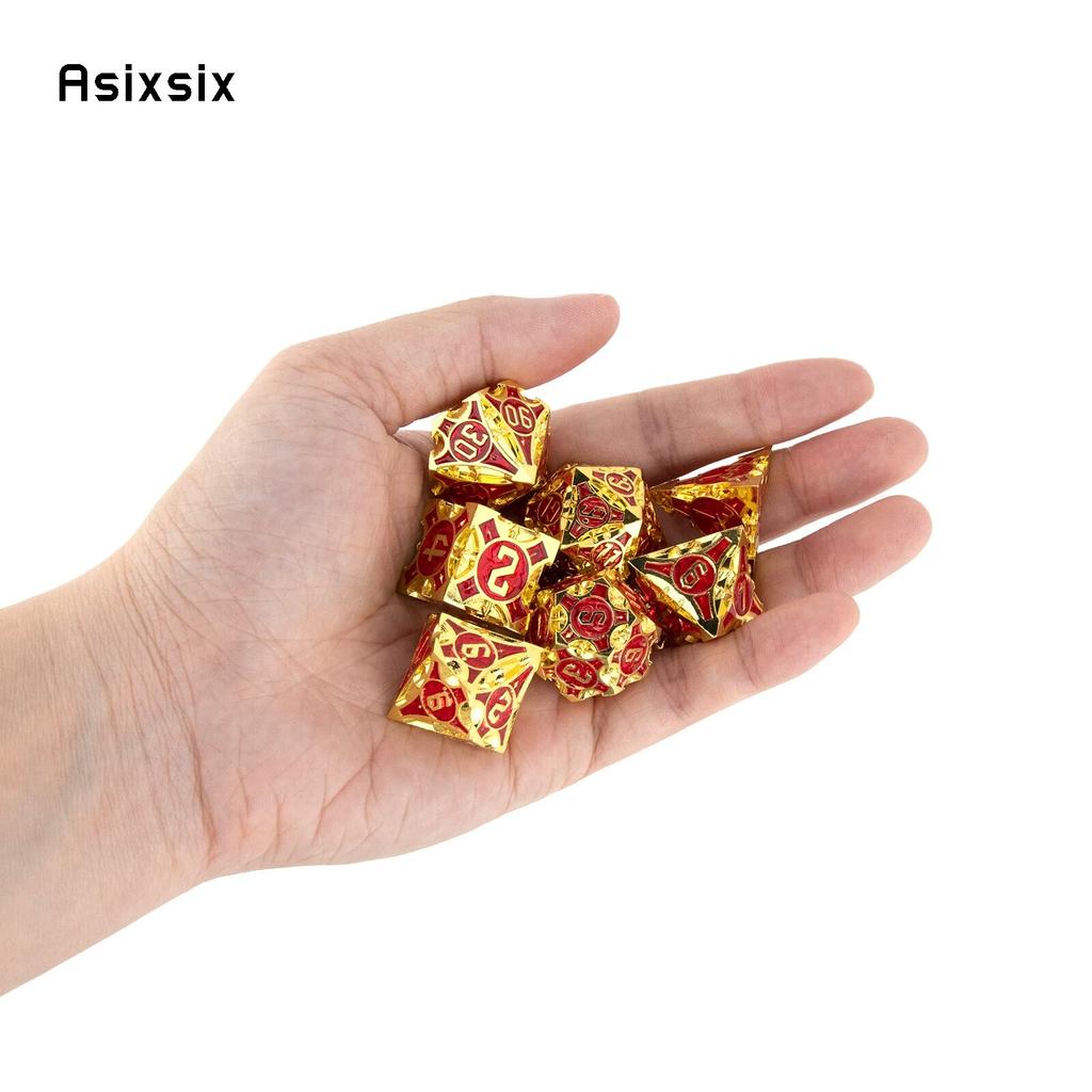 7dílná sada zlatých červených kovových kostek z masivního kovu s polyedrickými kostkami vhodná pro hraní RPG deskových her a karetních her