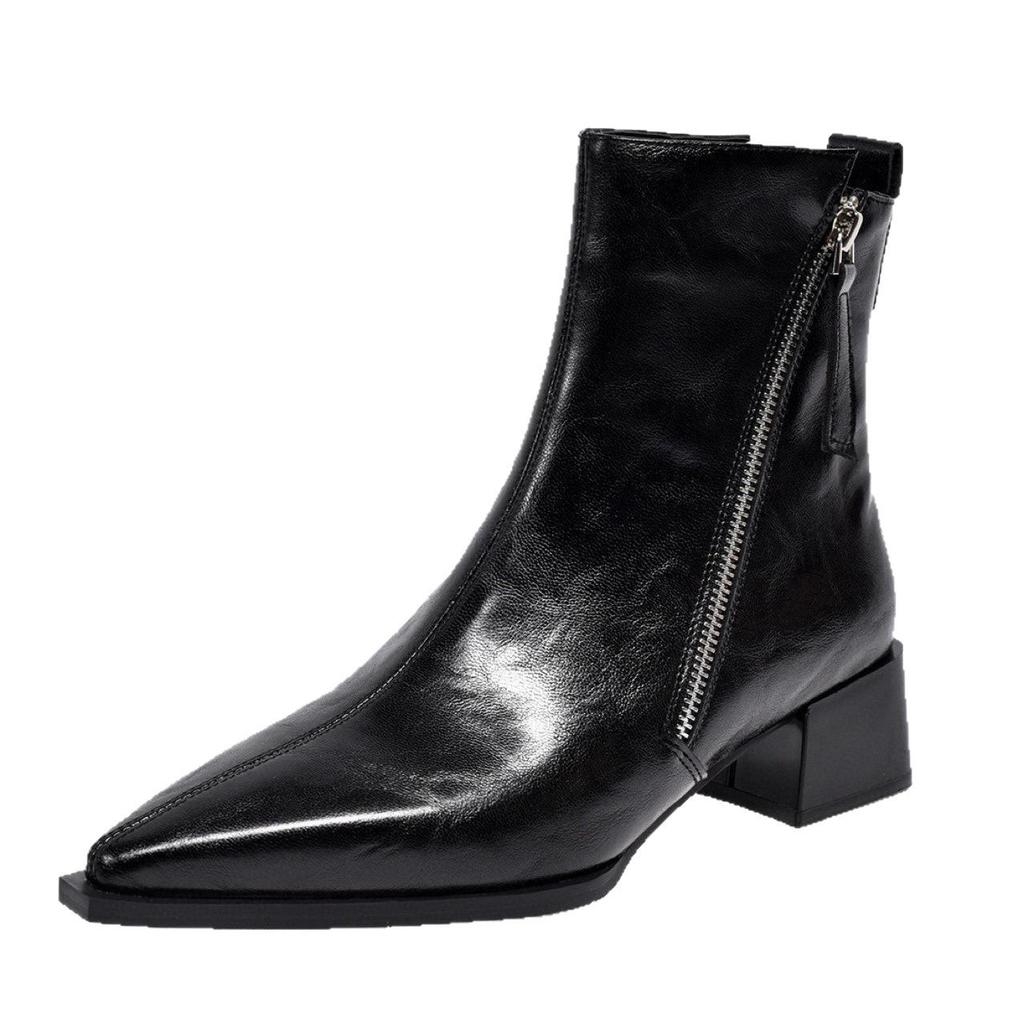 Women's Fleece-Lined Pointed Toe Ankle Boots - 2025 Autumn/Winter Collection, Chunky Medium Heel, Versatile & Slimming Martin Style