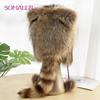 SOMALER Raccoon Fur Ushanka Hat with Earflaps Women Winter Warm Fluffy Stylish Aviation Caps Fashion Real Fur Cat Ears Hats with Female Tail
