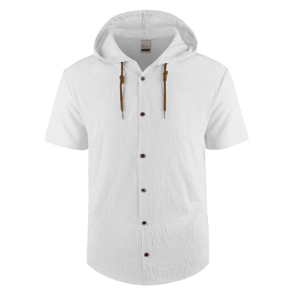 Men's Cotton Linen Shirt Hooded Stylish Top Breathable Lightweight Simple Style Claasic Shirts Single Breasted Male Fashion Tees