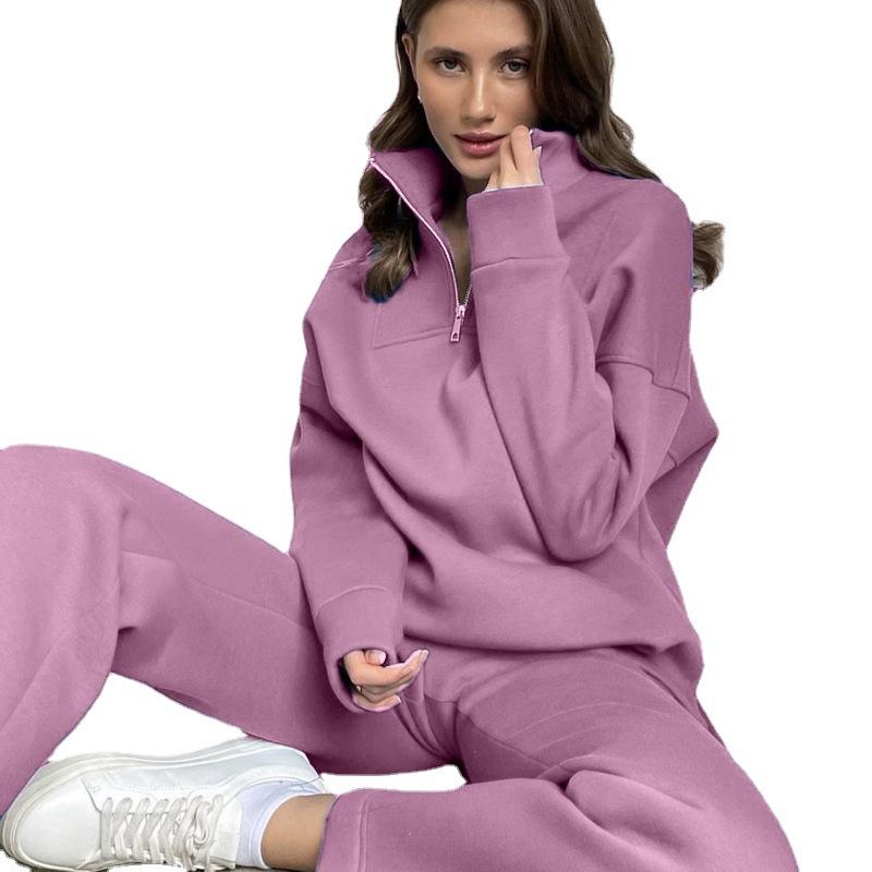 Conjunto de sudadera de 2 piezas con forro polar y cremallera de un cuarto para mujer, jersey, pantalón de chándal, conjunto de chándal a juego para estar en casa, conjuntos de otoño e invierno para mujer