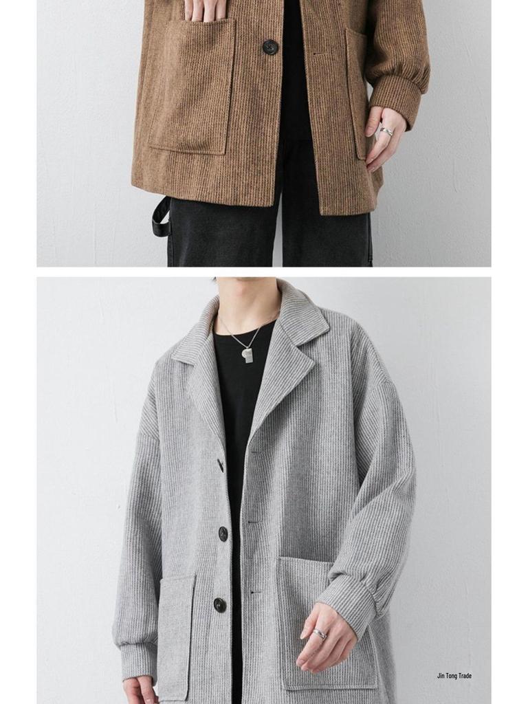 Men's Corduroy Wool Coat - Mid-Length, Loose Fit, Spring/Autumn, Hong Kong & Korean Style