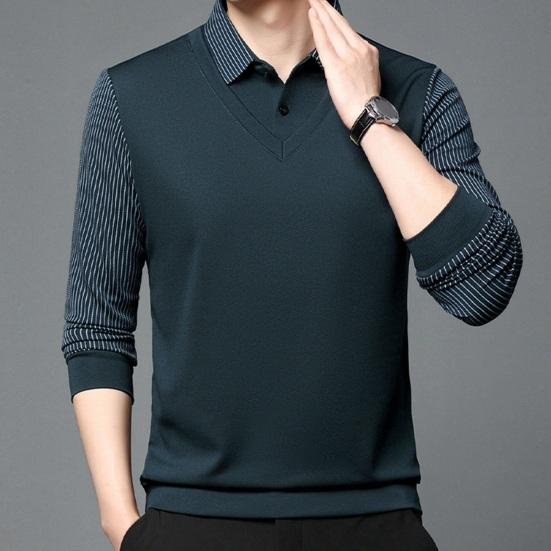 Men Fall Winter Top Fake Two-piece Pluish Lined Turn-down Collar Formal Business Style Shirt Mid-aged Men Father Office Work Clothes