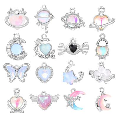 Crystal Heart Moon Crown Butterfly Planet Pendant Beads Stainless Steel Charms Earrings Necklace Jewelry DIY Making Woman Gifts