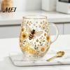 Glass Tea Cup Morning Cup, Hummingbird Flower Pattern Tumbler with Gold Rim, Nature Themed Glassware for Coffee Juice Wine Hot Cold Drinks Gift