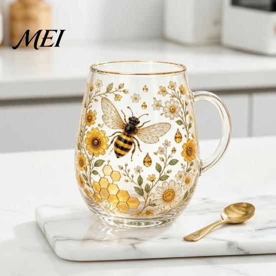 Glass Tea Cup Morning Cup, Hummingbird Flower Pattern Tumbler with Gold Rim, Nature Themed Glassware for Coffee Juice Wine Hot Cold Drinks Gift