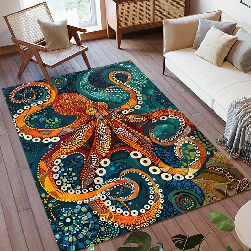 Large Crystal Velvet Area Mat Vintage Octopus Design Non Slip Fade Resistant Machine Washable Living Room Bedroom Game Room