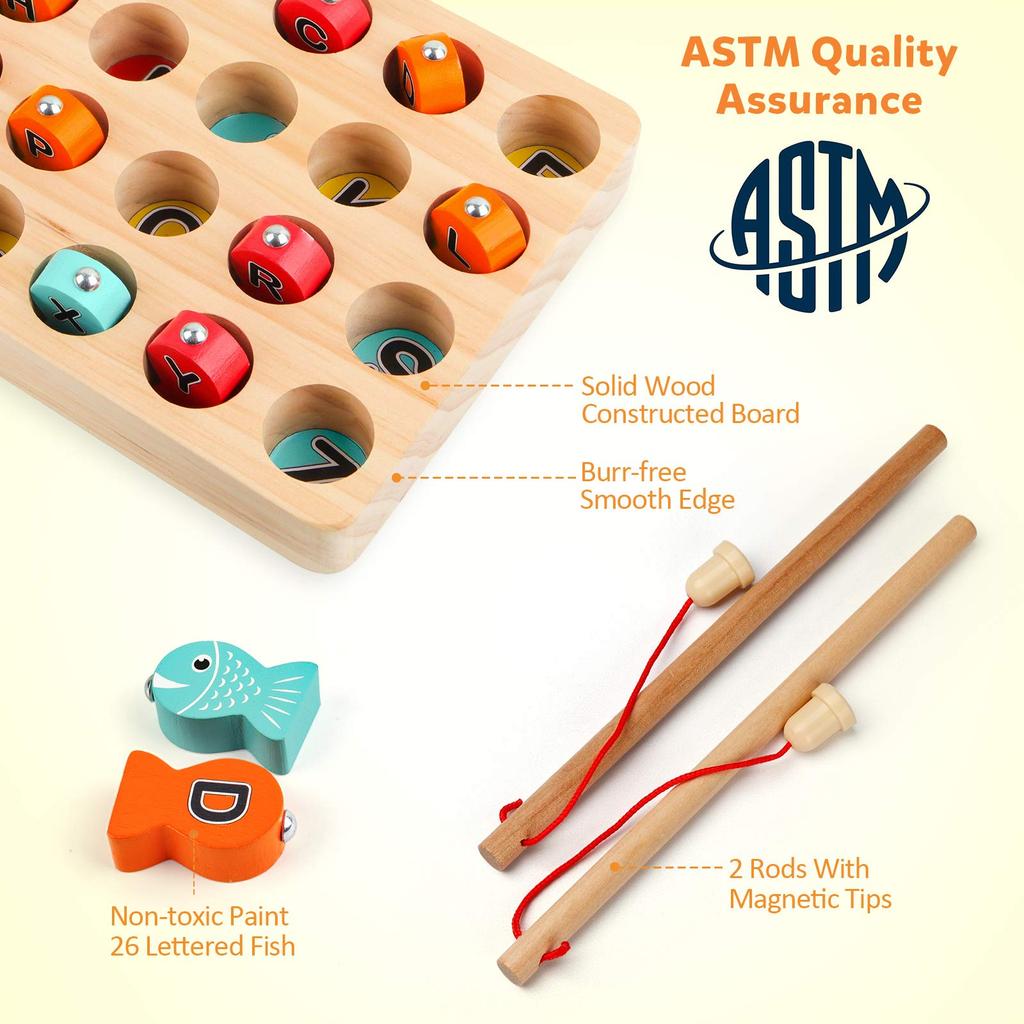 Wooden Magnetic Fishing Game, Fine Motor Skill Toy ABC Alphabet Color Sorting Puzzle, Montessori Letters Cognition Preschool Gift with 2 Pole