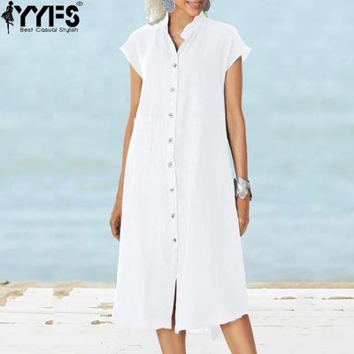 Women's Fashion Summer Spring Solid Color Print Short Sleeve Stand-collar Loose Waistline Casual Dresses
