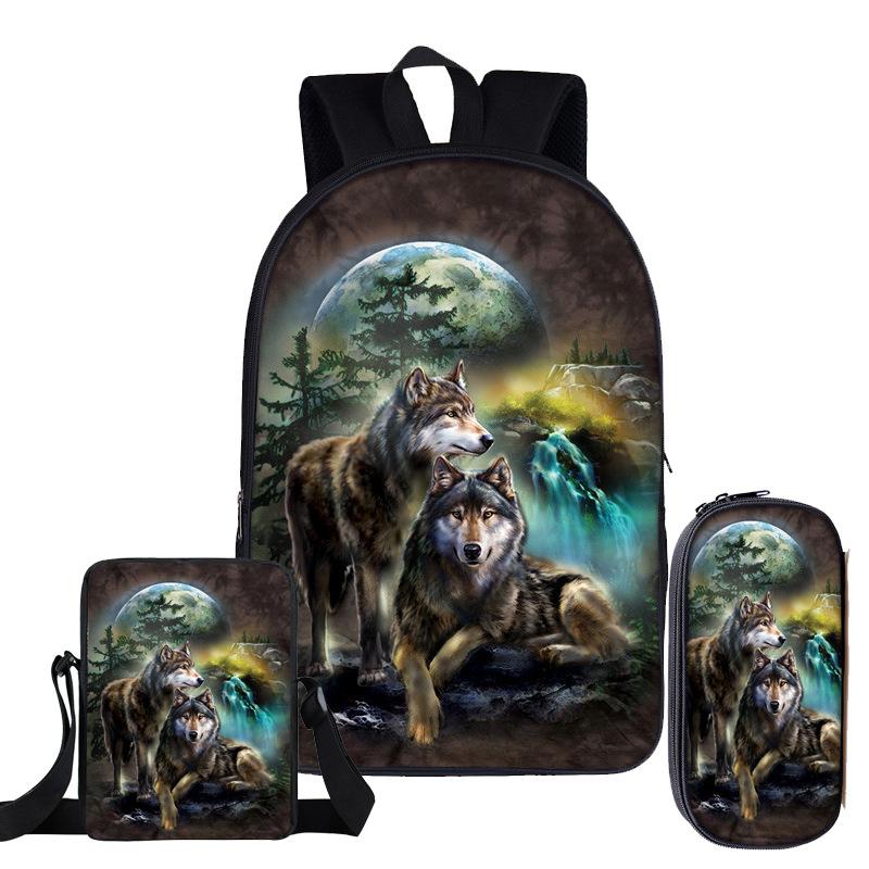 Trendy Popular Novelty wolf 3D Print 3pcs/Set pupil School Bags Laptop Daypack Backpack Inclined shoulder bag Pencil Case