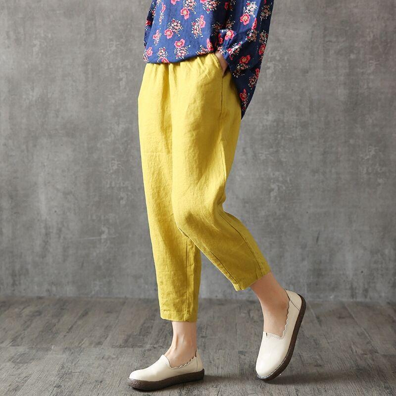 Women Plus Size Harem Cropped Pants Elastic Waist Cotton Linen Blend Loose Casual Summer Tapered Trousers