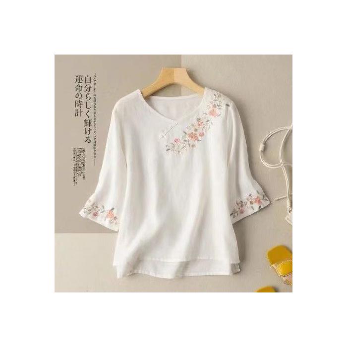 

Женская хлопково-льняная вышитая рубашка в стиле ретро, рукав семь восьмых, застежка на пуговицу-лягушку, свободный летний топ больших размеров 3XL белый