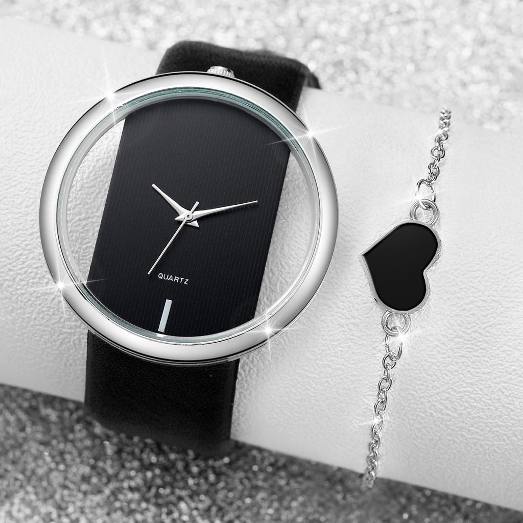 2PCS/Set Women's Watch Hollow Out Fashion Quartz Watch Analog PU Leather Wrist Watch with Heart Bracelet