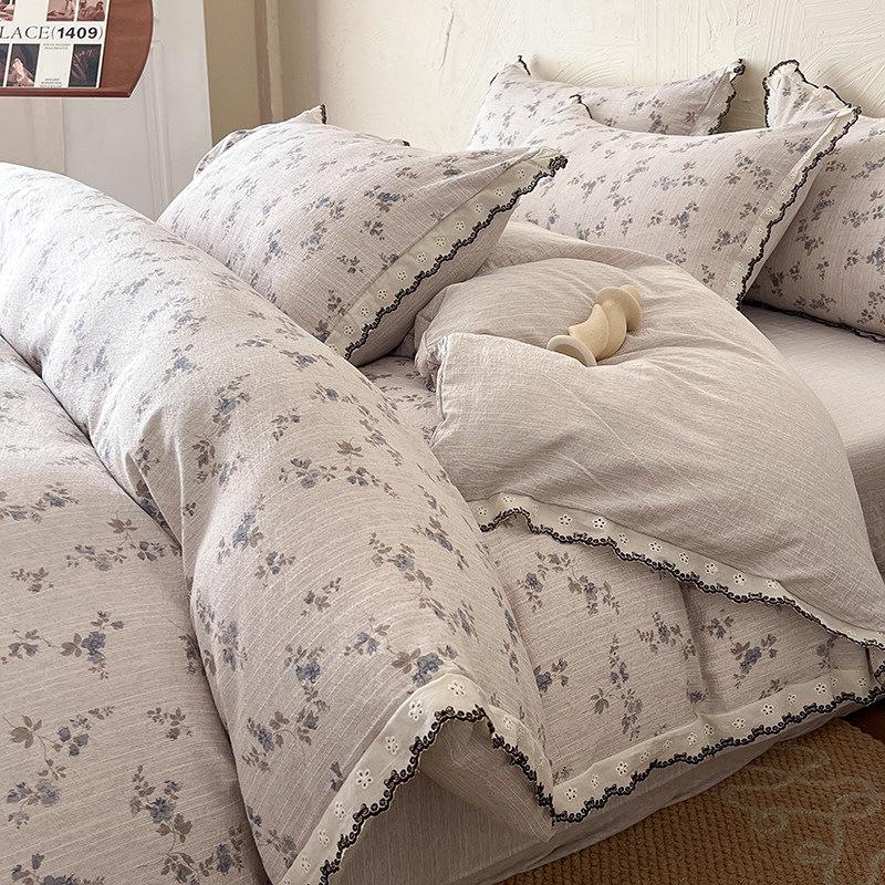 French Retro Jacquard Linen Bedding Set with Cotton Lace Trim - Luxury Princess Style