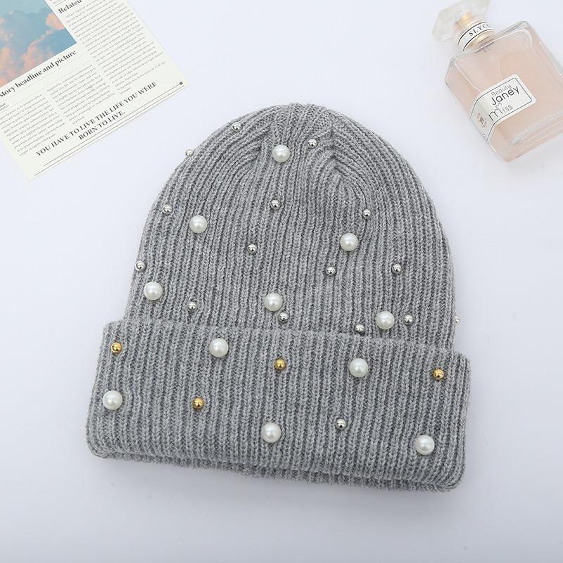 Autumn and Winter Fashionable Solid Color Keep Warm Rhinestone Pearls Knitting Hat Women Rivet Versatile No Eaves Pullover Hat