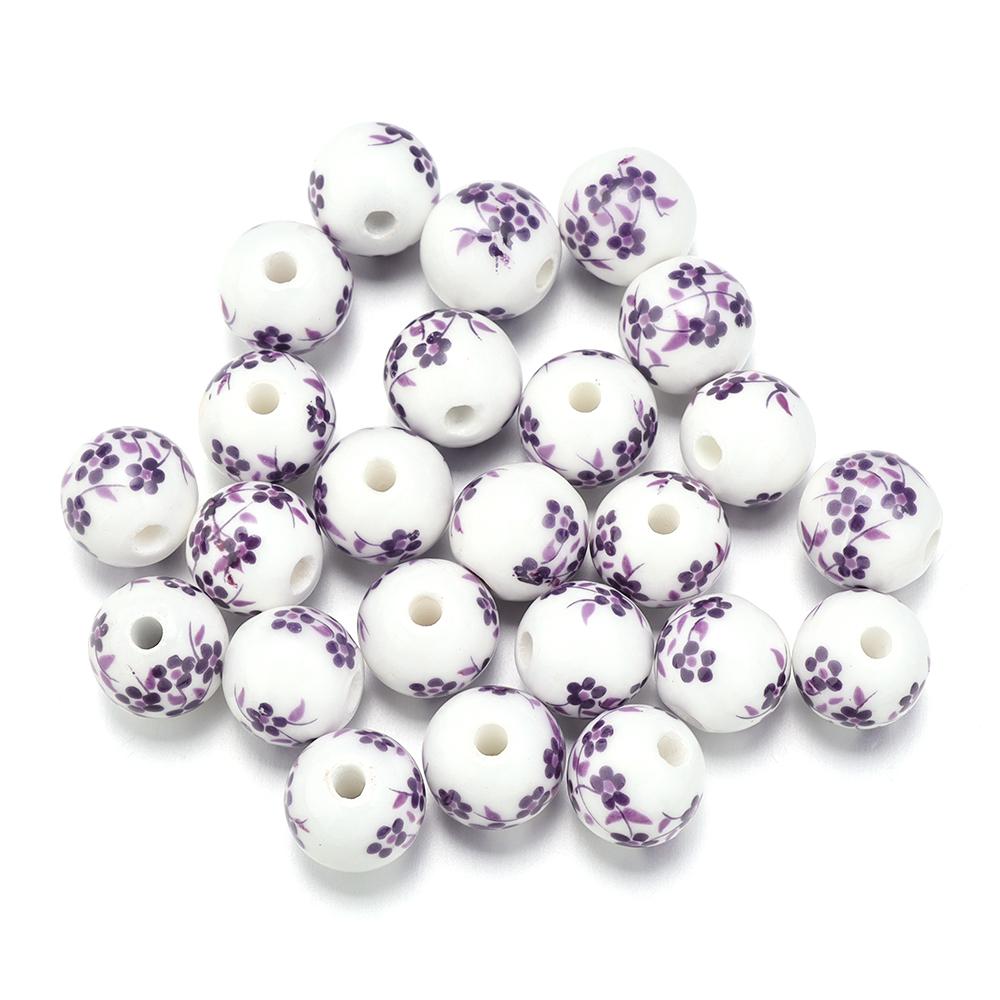 50Pcs 10mm Round Ceramic Beads Colorful Plum Blossom Sunflower Pattern Loose Porcelain Beads For DIY Bracelet Necklace Jewelry