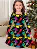 Girls' Autumn and Winter Fashion Dress, 3D Graffiti Print  Round Neck Long Children's T-shirt Dress, Casual Versatile, Christmas Clothing