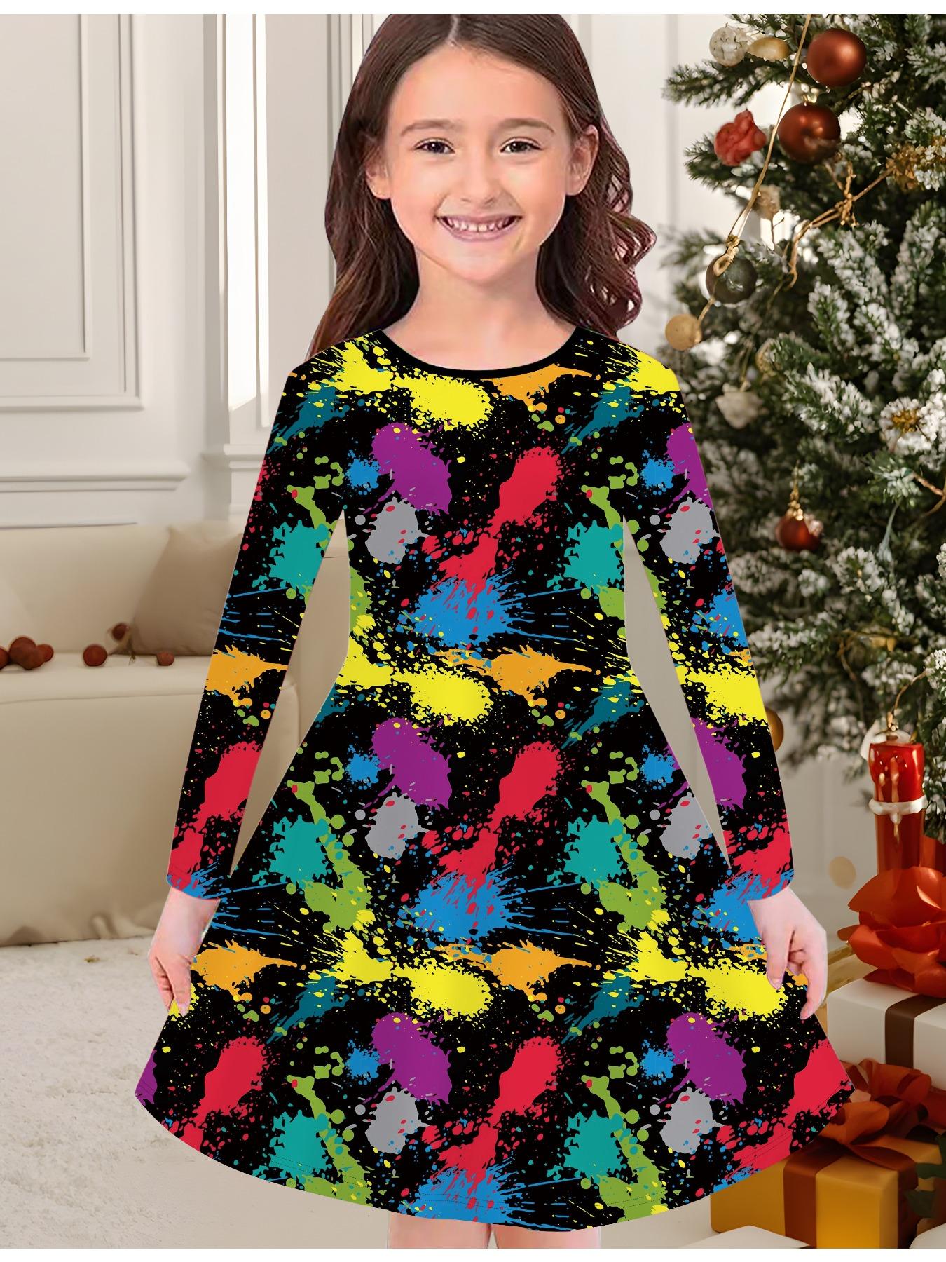 

Girls Autumn and Winter Fashion Dress, 3D Graffiti Print Round Neck Long Children s T-shirt Dress, Casual Versatile, Christmas Clothing 170 жёлтый