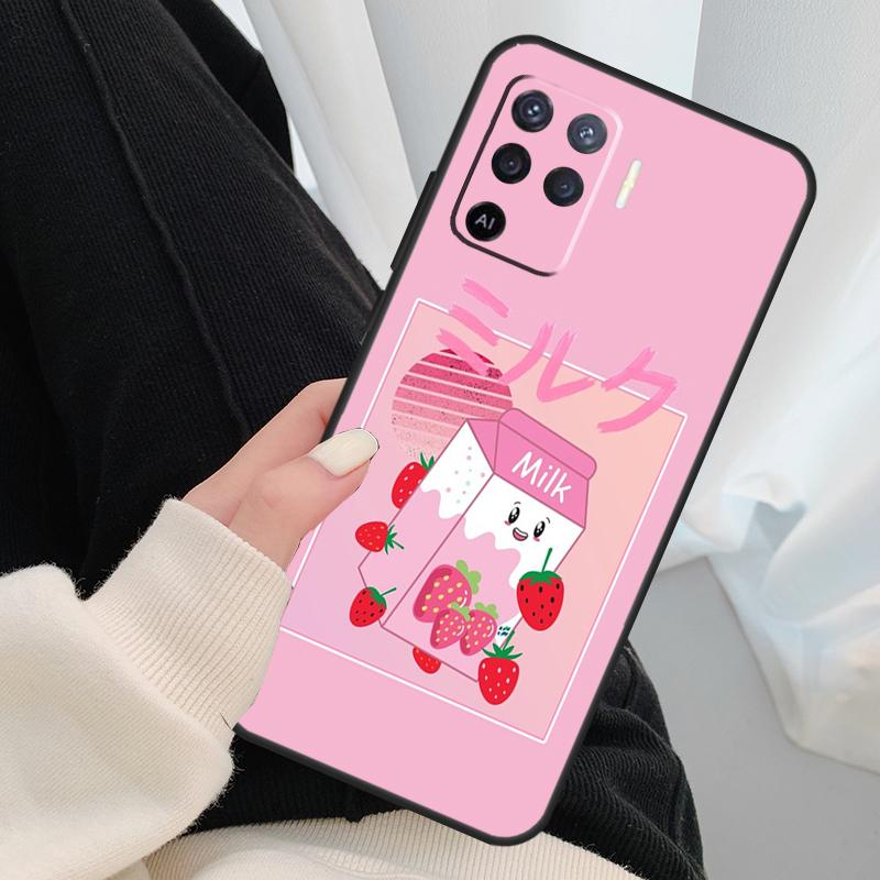 Kawaii Strawberry Milk Case For Oppo A18 A38 A58 A78 A98 A80 A60 A40 A96 A76 A16 A94 A74 A54 A15 A17 A57 A77 A5 Pro