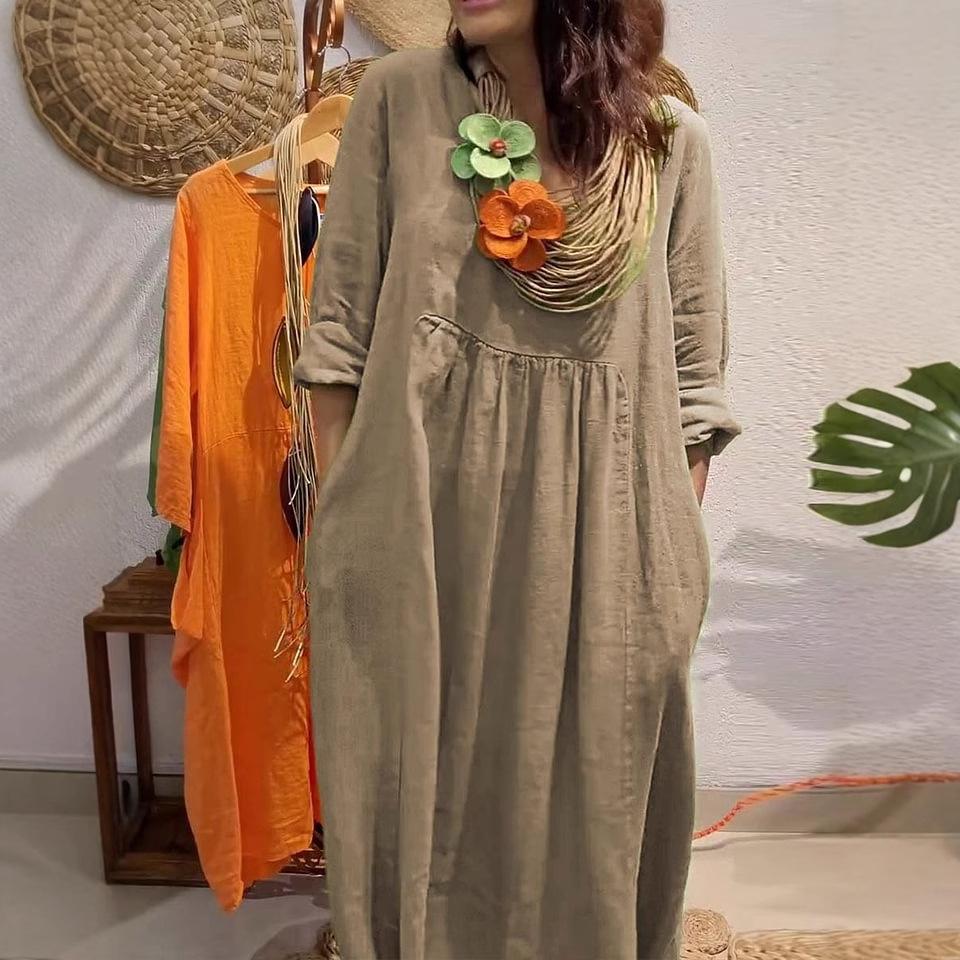 New Women'S V-Neck Casual Solid Color Cotton And Linen Dress