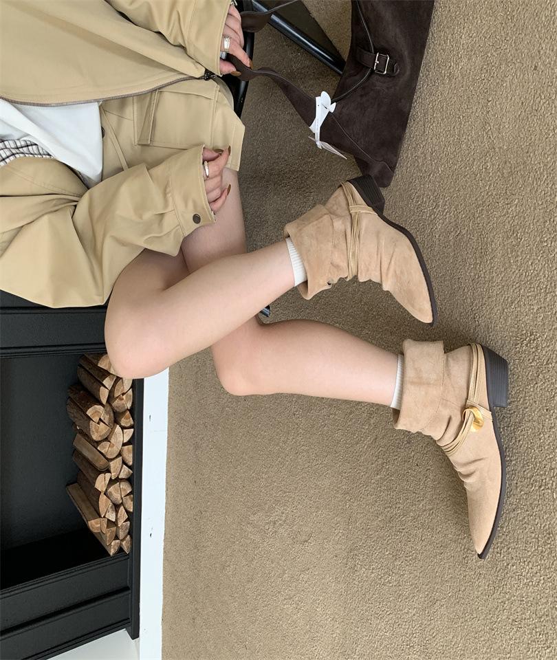 

2025 осень и зима новая мода тонкие ботинки ретро острый носок толстый каблук рыцарские короткие ботинки 39 хаки