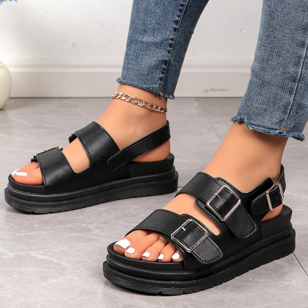 Women's Sandal British Style Rome Shoe Comfy Soft Leather 2024 Summer Sandalias Metal Buckle Casual Slipper Flat Platform Sandal