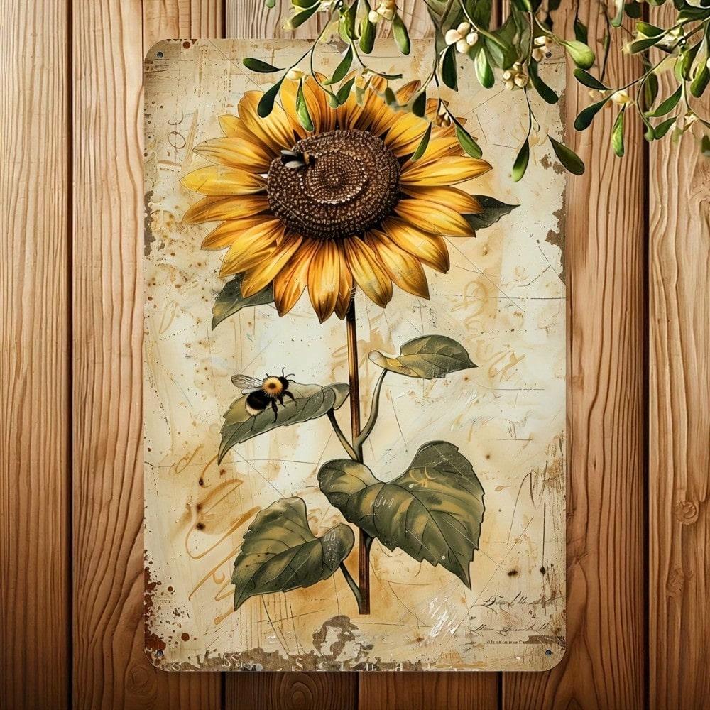 Metal Tin Sign Sunflowers Bees Wall Art Rustic Farmhouse Kitchen Decor 8x12 Inches