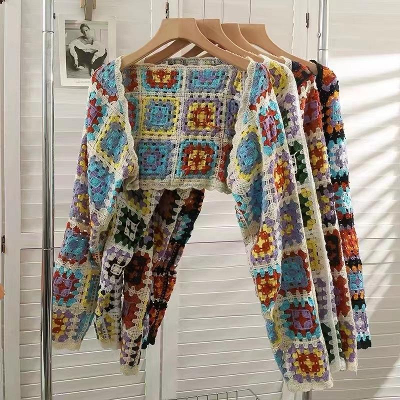 Vintage Colourful Hollow Out Long-sleeved Outer Knitted Cardigan Women's Autumn Cardigan Short Chic Tops